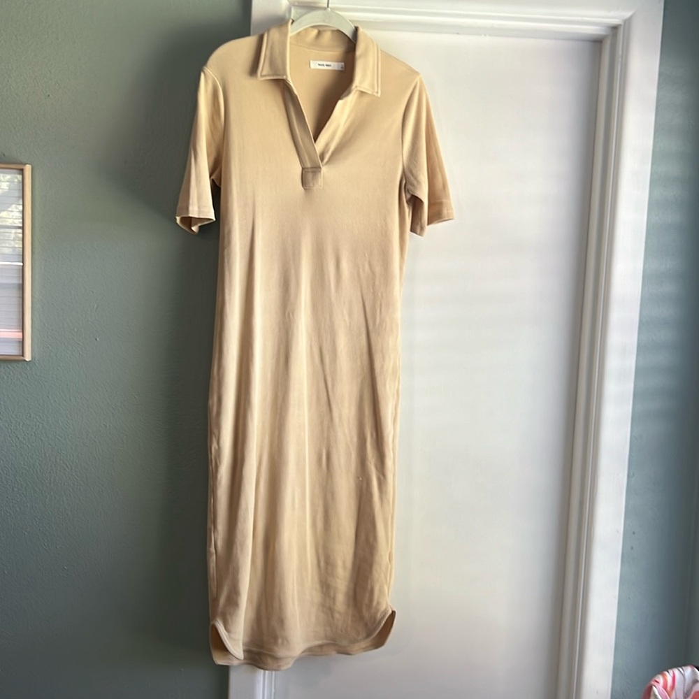 Mod Ref collared ribbed tan midi dress